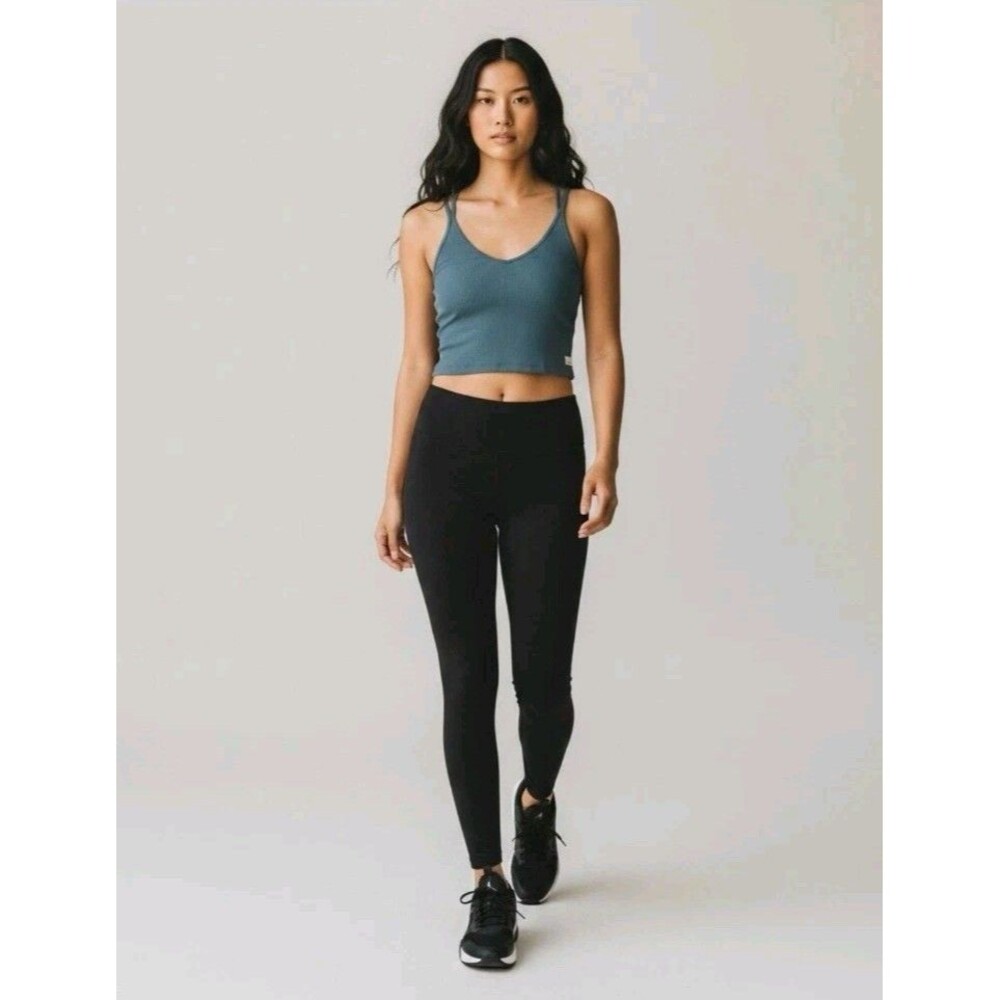 Vuori Rib Crop Tank Top Teal Blue Strappy Back Built-In Shelf Bra Women's Small